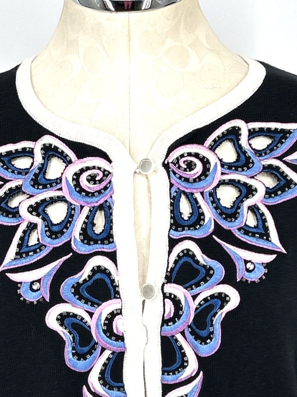 Bob Mackie Wearable Art Cardigan Sz S Sweater Black Embroidered Cut Out - Picture 2 of 7